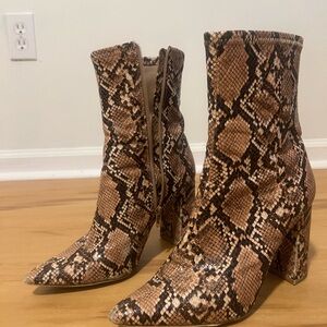 Brown and Black Heeled Boots with Snakeskin Pattern